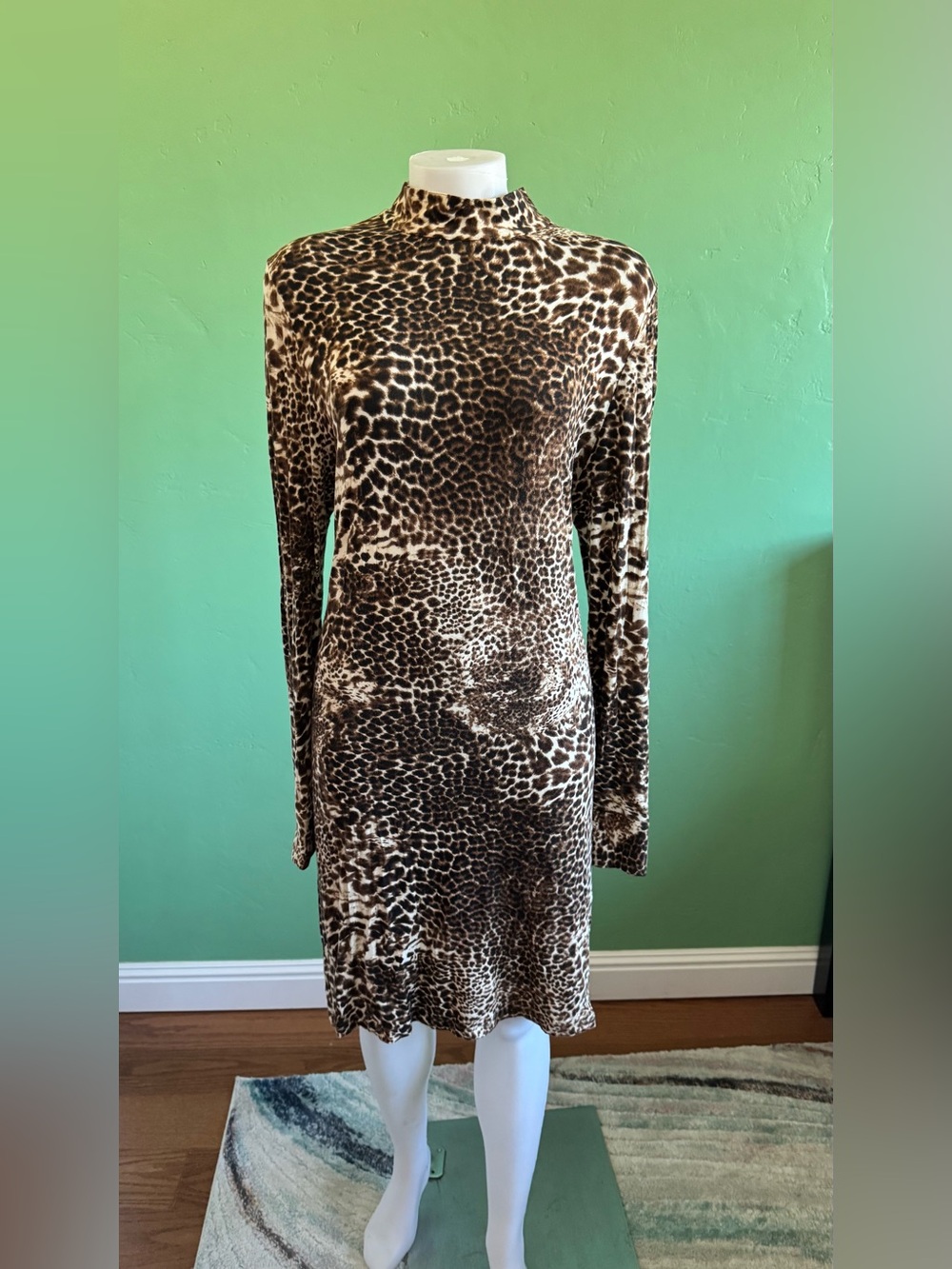 Fashionista leopard print long sleeve dress with high neck, size L